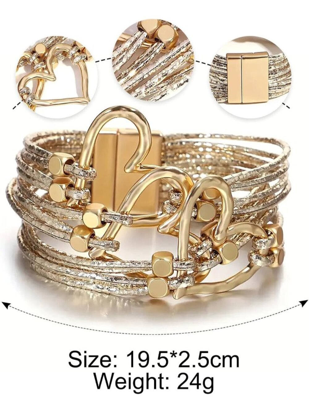 Women Heart Gold Leopard Multi Layer Crystal Beads Cuff Leather Wrap Bracelets - Picture 6 of 6